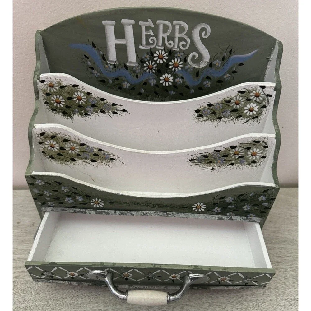 Hand Painted Wooden HERBS Kitchen Letter Mail Organizer Sorter Box with Drawer